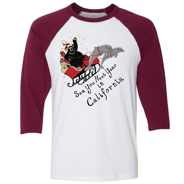 Santa Bear Maroon Sleeves Baseball Tee-CA LIMITED