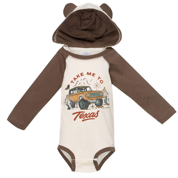 Take Me Tx Long Sleeve Hooded Baby Onesie-CA LIMITED