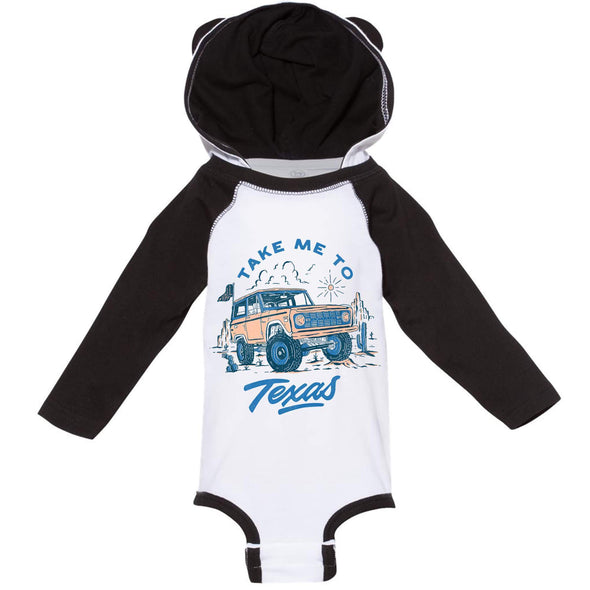 Take Me Tx Long Sleeve Hooded Baby Onesie-CA LIMITED